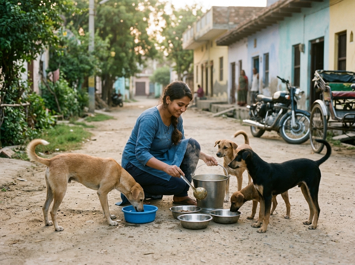 Dedicated volunteer feeding nutritious meals to community dogs in Modinagar