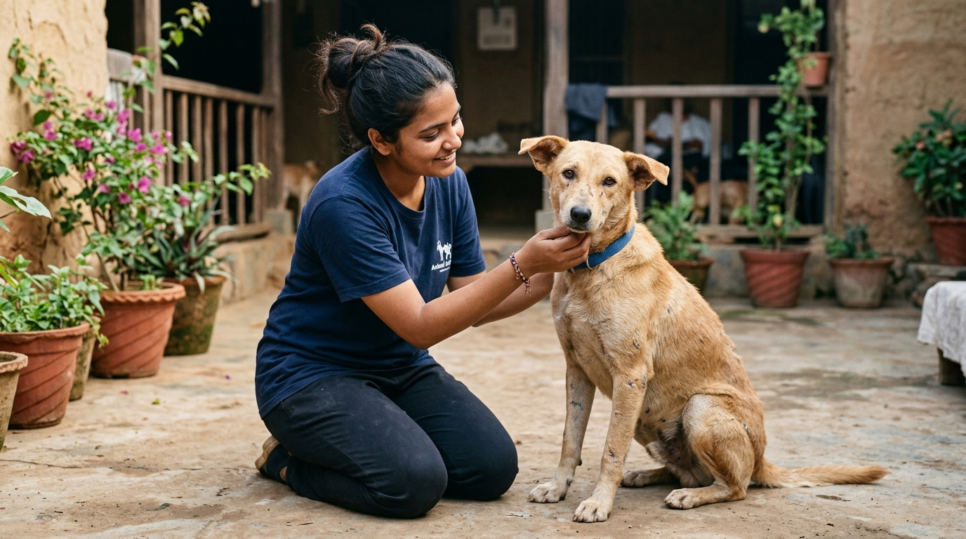 Compassionate Indian volunteer comforting a rescued street dog at Sanjeevni Trust shelter