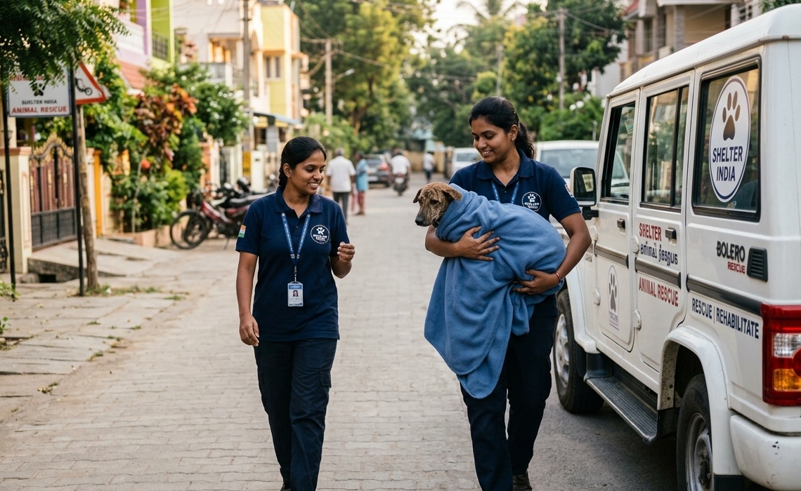 Emergency animal rescue responders transporting a blanketed rescued dog