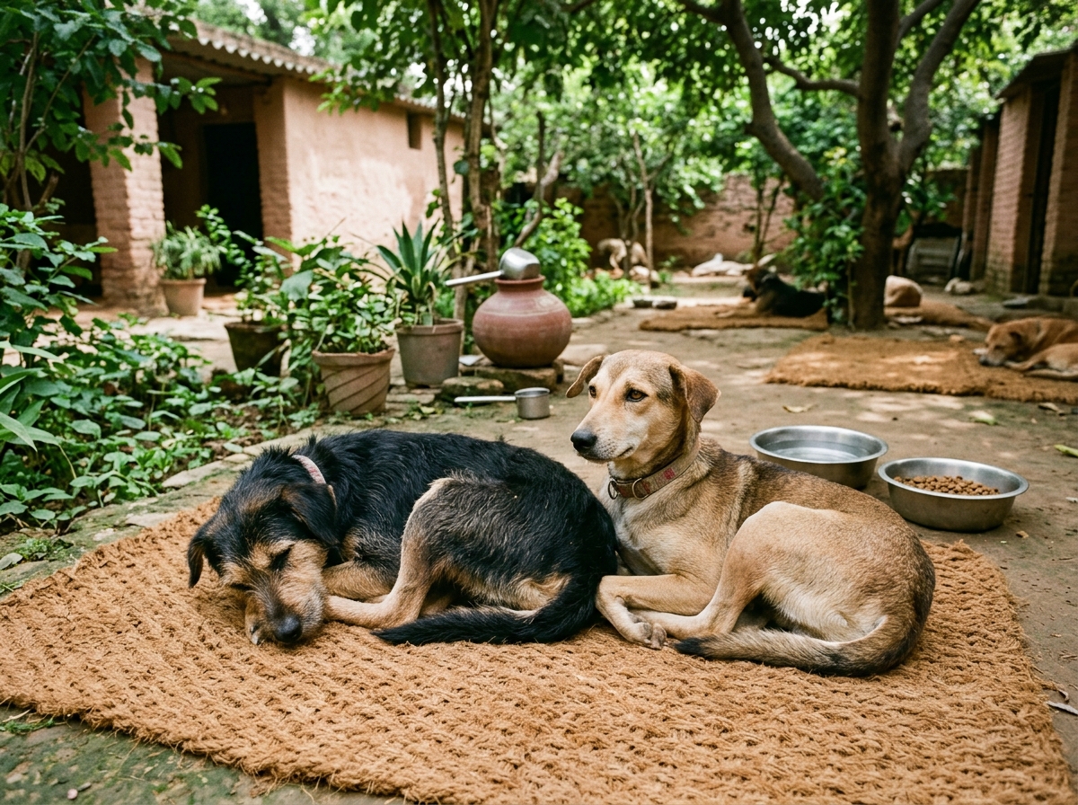 Rescued indie street dogs resting peacefully at Sanjeevni Trust shelter in Modinagar