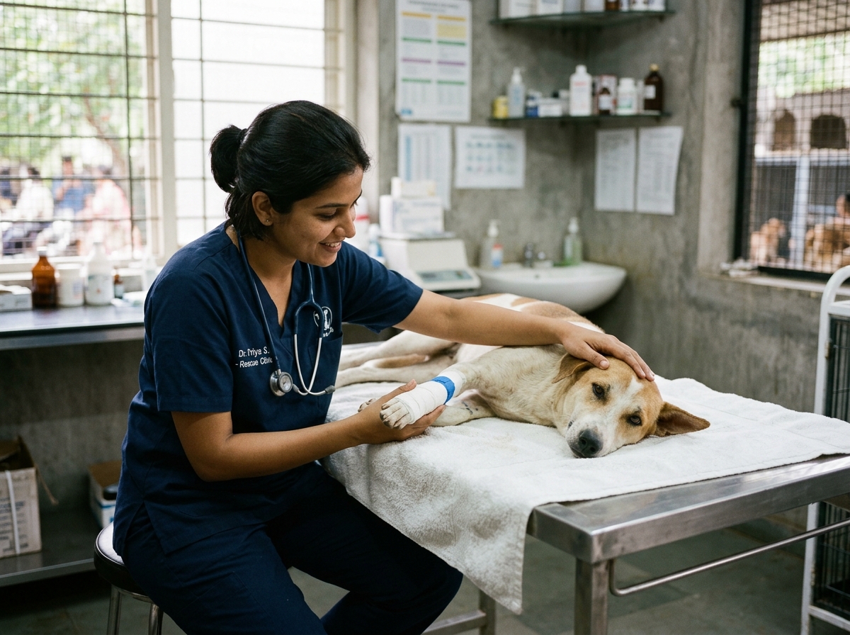 Veterinarian in scrubs providing compassionate medical checkup for recovering dog